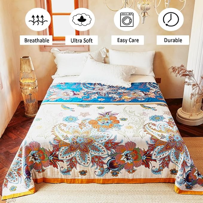 Boho Throw Blanket, 100% Organic Cotton Breathable Skin-Friendly Ultra Soft Bed Quilt Throw - All Season Floral Bird Farmhouse Décor Luxury Blanket for Sofa Couch Chair and Gift. 50" x 60"