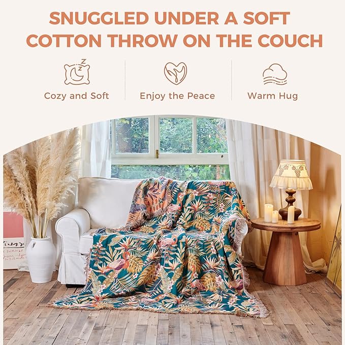 Boho Throw Blanket for Bed Cotton Spring Blankets Bedroom Living Room Twin All Season Lightweight Forest Embroidery Quilt for Couch Sofa Chair 60"x80"