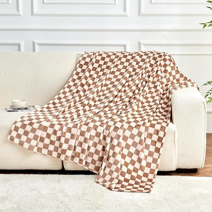 FY FIBER HOUSE Checkered Flannel Fleece Throw Blanket King Size Soft Cozy Checkerboard Grid Print Chessboard Pattern Blankets for Bed Couch Sofa, 90"x108", Khaki