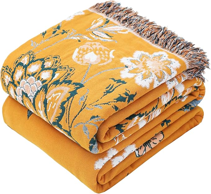 Boho Large Throw Blanket, 100% Organic Cotton Breathable Soft Bed Throw - Floral Bird Farmhouse Decor Blanket for Sofa Couch Chair Quilt and Gift. (Flower-Art, 80" x 90")