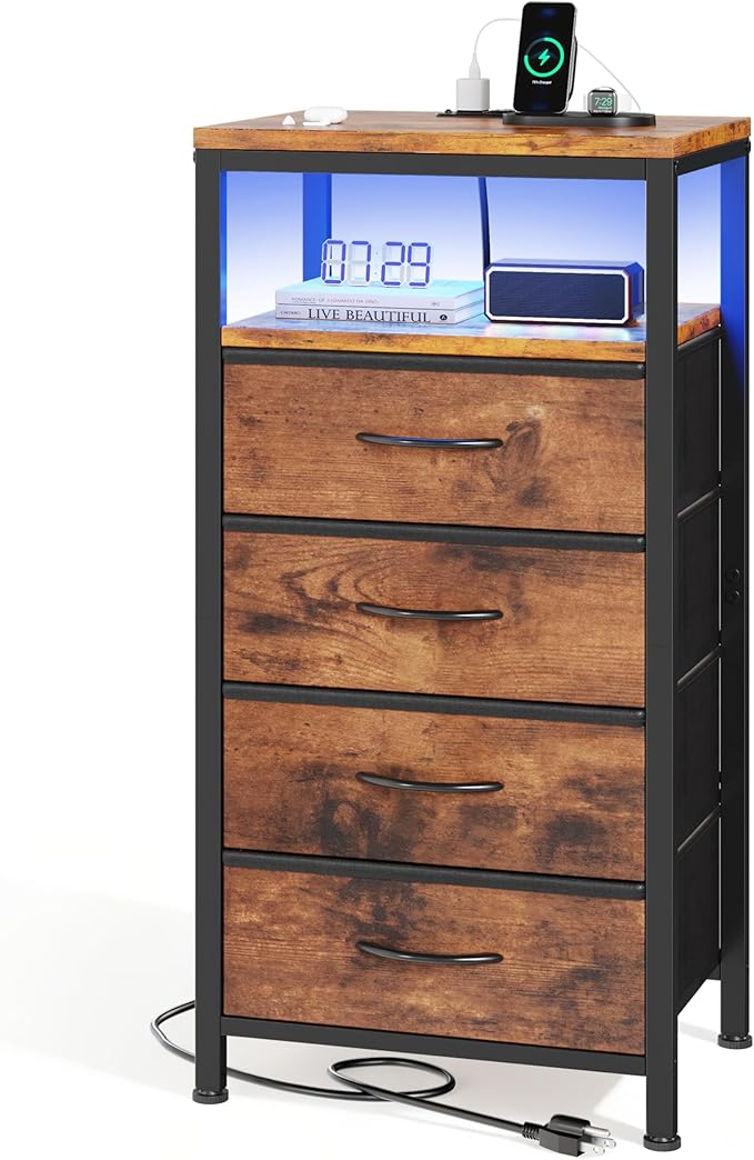 Sweetcrispy Nightstand with Charging Station, Bedside End Table with 4 Fabric Drawers & USB/Type-C Ports and Outlets, Night Stand for Bedroom Furniture, Adjustable Feet and Variable Light Strip, Rust