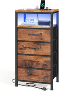 Sweetcrispy Nightstand with Charging Station, Bedside End Table with 4 Fabric Drawers & USB/Type-C Ports and Outlets, Night Stand for Bedroom Furniture, Adjustable Feet and Variable Light Strip, Rust