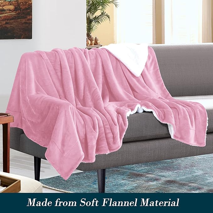 Mocassi Premium Ultra-Soft Flannel Fleece Sherpa Throw Blanket - Warm Cozy Reversible Plush Micromink Blanket for Couch, Bed and Sofa - Fluffy, Christmas Winter Bedding Gift, Queen, Light Pink