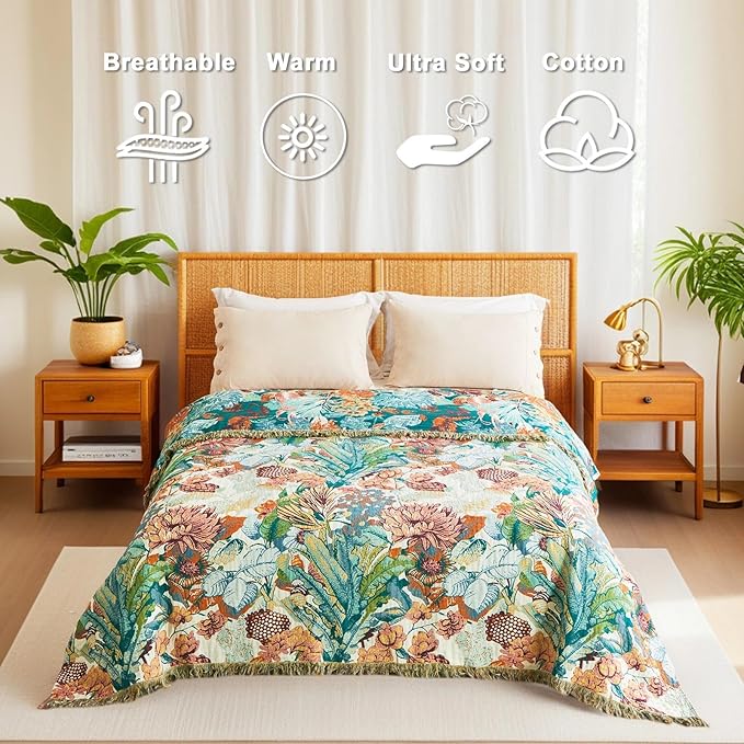 Boho Throw Blanket for Bed Cotton Spring Blankets Twin Size for Bedroom Living Room All Season Lightweight Botanical Floral Embroidery Quilt for Couch Sofa Chair 60"x80" Home Decor