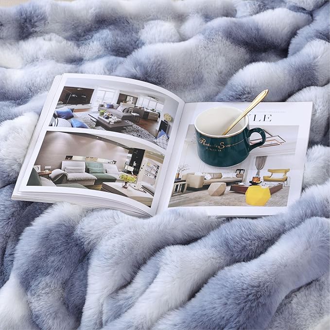 Tie-Dye Blue Faux Fur Throw Blanket for Couch, Double-Sided Bubble Textured Plush Throw with Soft Flannel Back, Machine Washable, 60 x 80, 860 GSM
