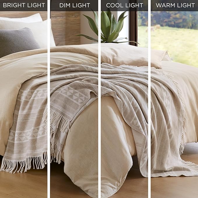 Woolrich Cotton Blend Jacquard Throw with Fringe Edge, Lightweight All-Season Decorative Throw Blanket, Machine Washable, Oeko-TEX Certified, Ivory Stripe, 50"x60"