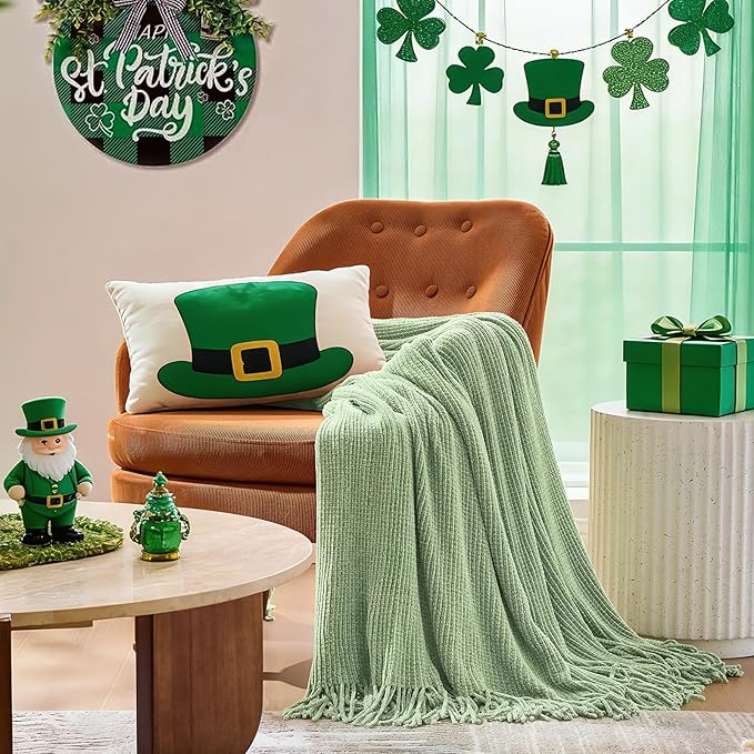 inhand Basil Green Throw Blanket for Couch Bed, St. Patrick’s Day Lucky Spring Gifts Throw for Men Women,Chunky Chenille Woven Soft Warm Blanket,Boho Farmhouse Cozy Decor,50"x60",Medium Thick