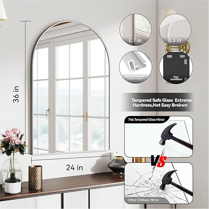 24x36 Arch Mirror Square Full Length Wall Mounted Hanging or Against Wall Metal Aluminum Alloy Frame Dressing Make-up Mirrors for Entryway Bedroom Bathroom Living Room 24 36 inch Silver