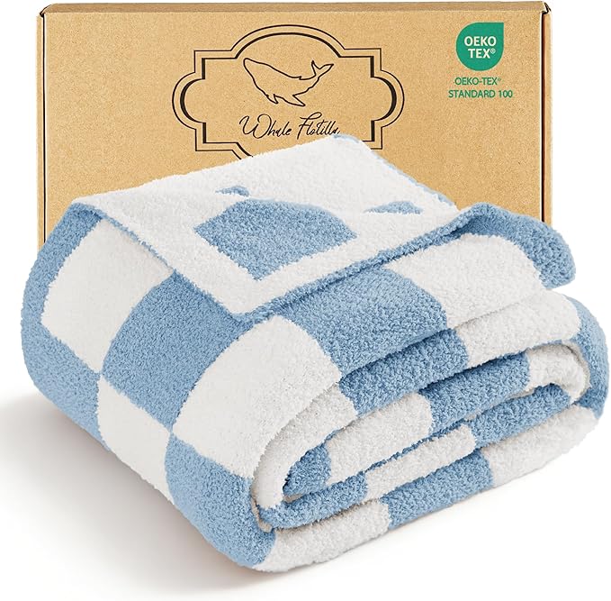 Whale Flotilla Checkered Knit Blanket Queen Size, Ultra Soft Warm Reversible Cozy Decorative Blankets for Couch Sofa and Bed, 90x90 Inch, Light Blue