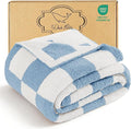 Whale Flotilla Checkered Knit Blanket Queen Size, Ultra Soft Warm Reversible Cozy Decorative Blankets for Couch Sofa and Bed, 90x90 Inch, Light Blue