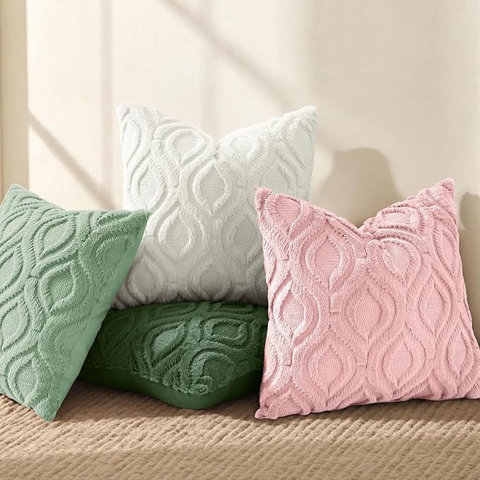 decorUhome Throw Pillow Covers 22x22 Inch Set of 2, Soft Plush Faux Wool Pink Solid Couch Pillow Covers, Accent Euro Sham Farmhouse Neutral Square Pillow Cases for Sofa Bed Living Room