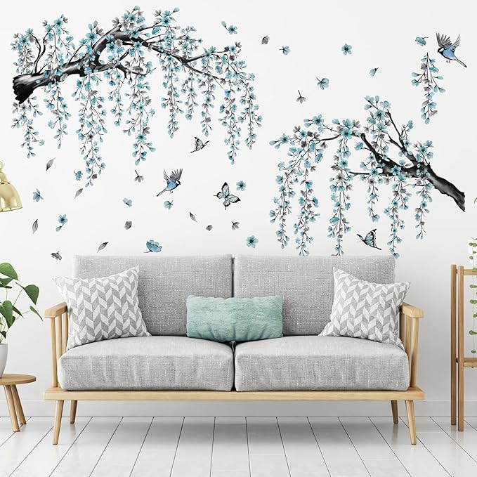 Blue Cherry Blossom Wall Stickers, Spring Watercolor Blue Flower Tree Wall Decals Bird Butterfly Peel and Stick Wall Murals Decor for TV Background Living Room Bedroom (Ink Blue)
