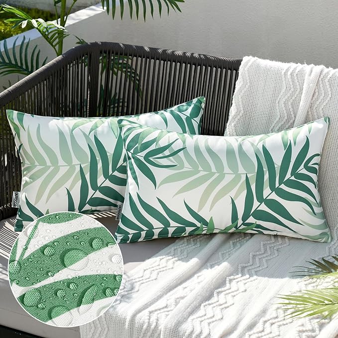MIULEE Pack of 2 Decorative Outdoor Waterproof Throw Pillow Covers Patio Pillow Cases Natural Leaves Pattern Spring Square Cushion Shams Shell for Garden Balcony Couch 12x20 Inch, Sage Green