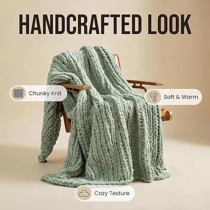 Amélie Home Chunky Knit Throw Blanket for Couch, Soft Chenille Crochet Blanket, 60"x80", Sage Green