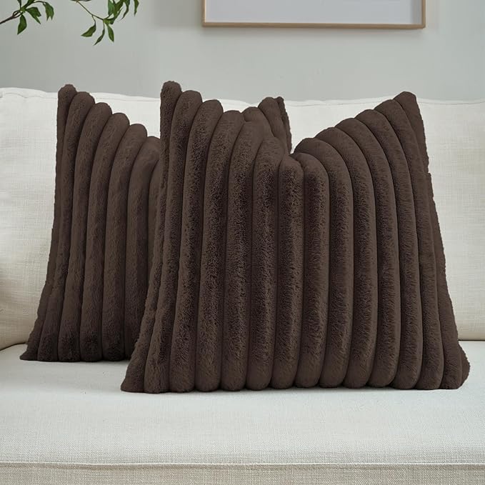 FUTEI Dark Coffee Decorative Throw Pillow Covers Set of 2, 24x24 Inch Soft Fluffy Faux Fur Plush Striped European Cushion Cases, Modern Home Decor for Couch Bed Living Room