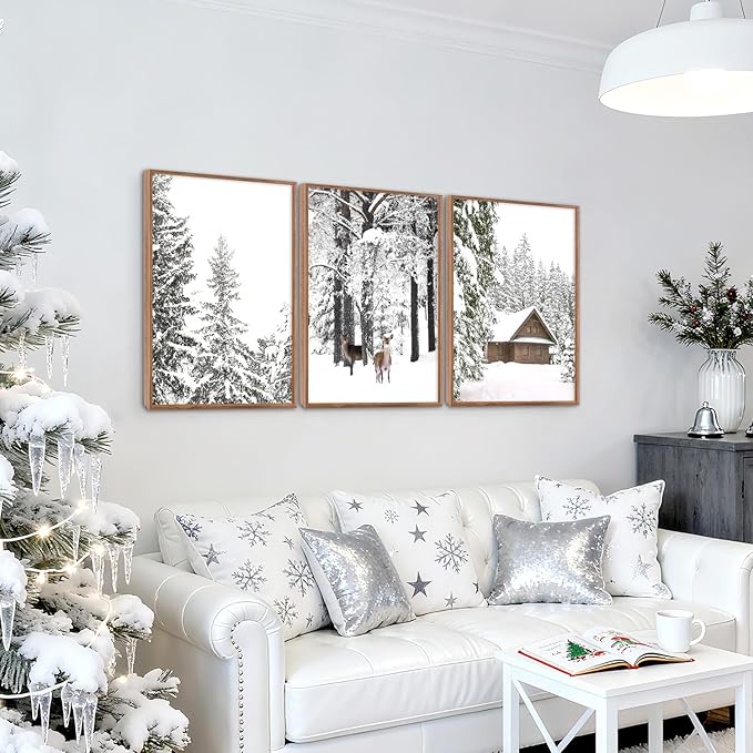 CHDITB Winter Wonderland Framed Canvas Wall Art Set Of 3, Nature Deer Wall Decor, Snowy Landscape Wall Painting, Farmhouse Winter Scene Cottage Art Prints for Living Room, Bedroom Decor (12X16 Inch)