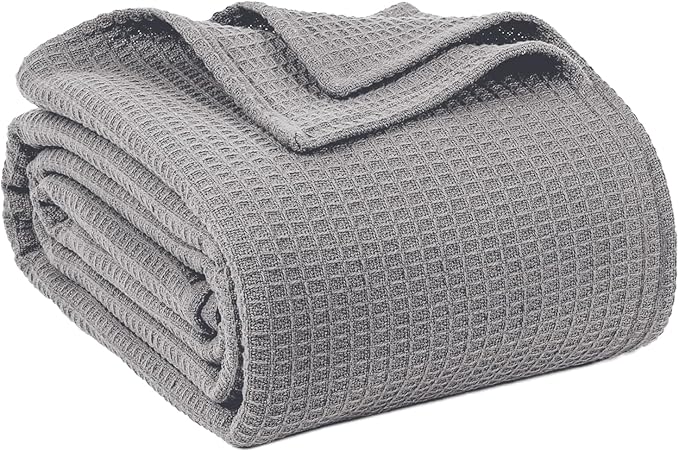 100% Cotton Blankets for Bed - Waffle Weave Blankets for Summer, Lightweight and Breathable Soft Woven Blanket for Spring (Light Grey, Queen (90" x 90"))