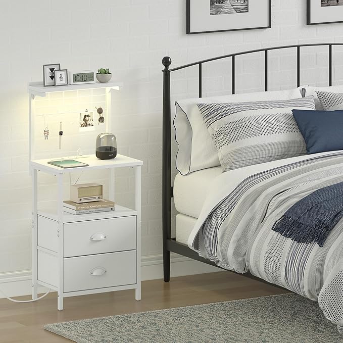 Tall Nightstands with Charging Station, LED Night Stand Bedsides with 2 PU Finish Fabric Drawers,Hooks,USB Port and Oepn Storage Shelves,Tall End Table Bedside for Bedroom,Office, White