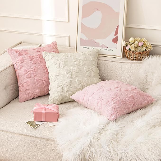 MIULEE Beige Bow Pillow Covers Coquette Room Decor Aesthetic Set of 2 Spring Decorative Cute Girl Soft Plush Faux Pillowcase for Preppy Room Decor Bedroom Couch,18x18 Inch