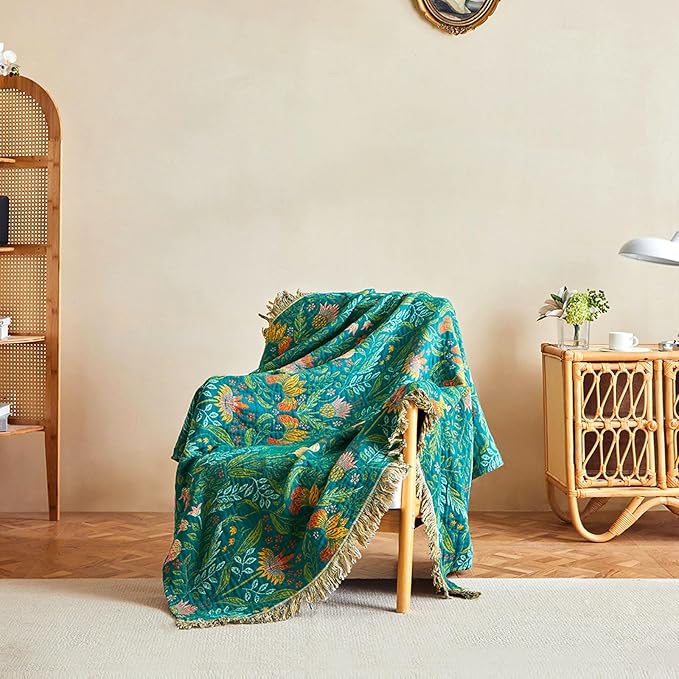 Boho Throw Blanket - 50"x60" 100% Cotton Soft Breathable Lightweight Bed Blanket, Reversible Muslin Spring Blankets Green Floral Farmhouse Decor Rustic Quilt for Bed Couch