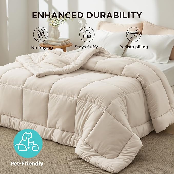 Bedsure Comforter Duvet Insert - Quilted Comforters Queen Size, All Season Duvet, GentleSoft Down Alternative Bedding, with 8 Tabs, Gifts for Women/Men, Linen, Queen 88 x 88 Inches