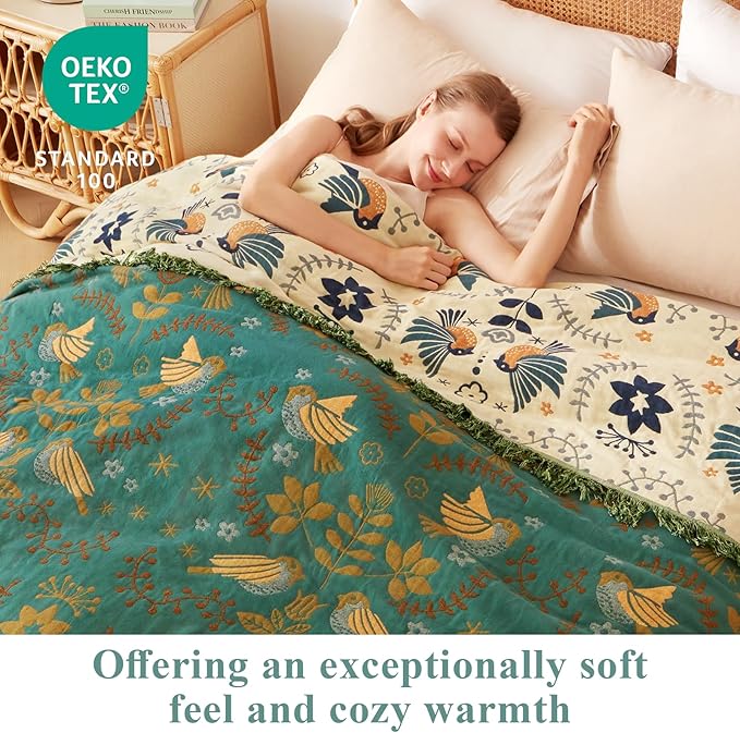 Boho Throw Blanket - 100% Cotton Soft Throw Blanket for Bed, 90"x90" Reversible Breathable Lightweight Spring Blankets, All Seasons Farmhouse Decor Floral Plant Bird Throw Quilt