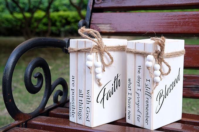 LIVDUCOT Farmhouse Wooden Decor Book Stack | Rustic Faux Book Stacks | With God All Things Are Possible Sign