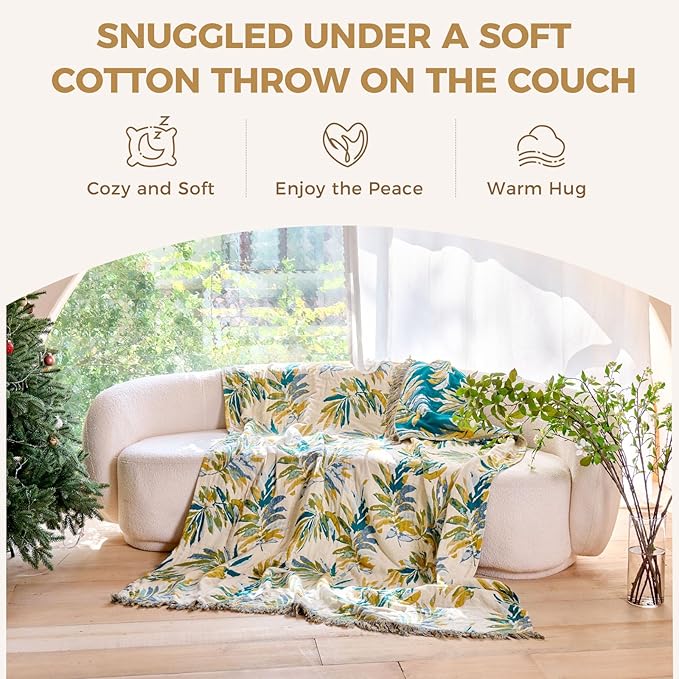 Boho Throw Blanket for Couch Sofa Chair Cotton Spring Blankets for Bedroom Living Room All Season Soft Lightweight Reversible Leaves Embroidery Decorative Throws 50"x60" Home Decor