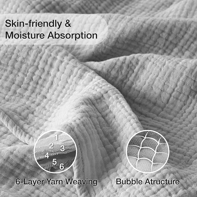 100% Cotton Muslin Blanket Large 50" x 70", Breathable and Lightweight Cotton Throw Blankets for Bed and Couch, Soft Cooling Summer Gauze Blanket for Adults All Season, Light Grey