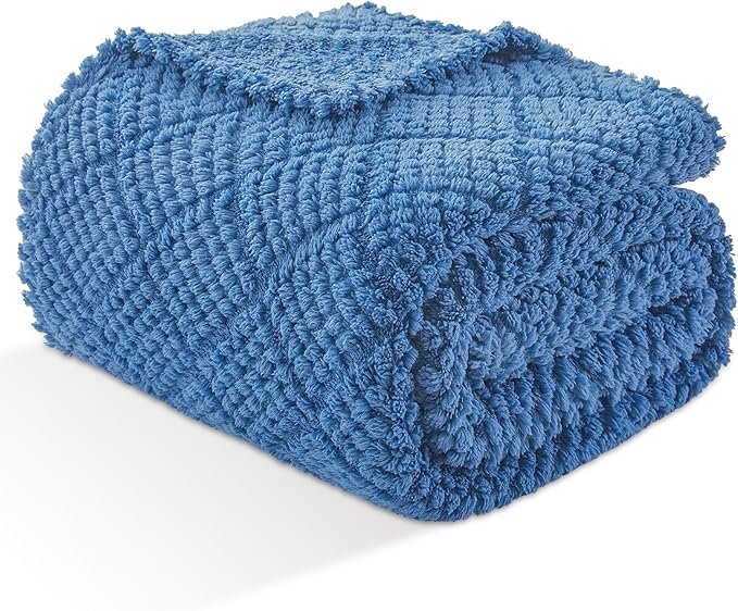 EMME Fleece Blanket, 3D Jacquard Throw Blanket for Couch and Bed, Soft Cozy and Fluffy Blankets Lightweight Luxury Flannel with Waffle Design (Navy Blue, 60" x 80")