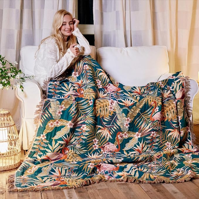 Boho Throw Blanket for Bed Cotton Spring Blankets Bedroom Living Room Twin All Season Lightweight Forest Embroidery Quilt for Couch Sofa Chair 60"x80"