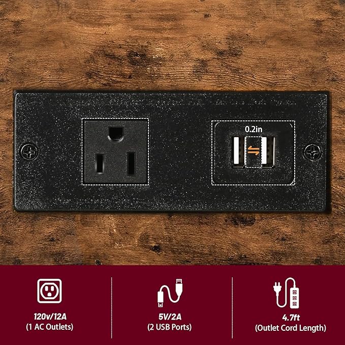 Sofa Side Table Narrow End Table (1PC) - Rustic Brown & Black Two-Tone, Side Table with Charging Station (1 AC + 2 USB) & Storage Drawer, 4 Wheels Mobile Nightstand for Bedroom Living Room