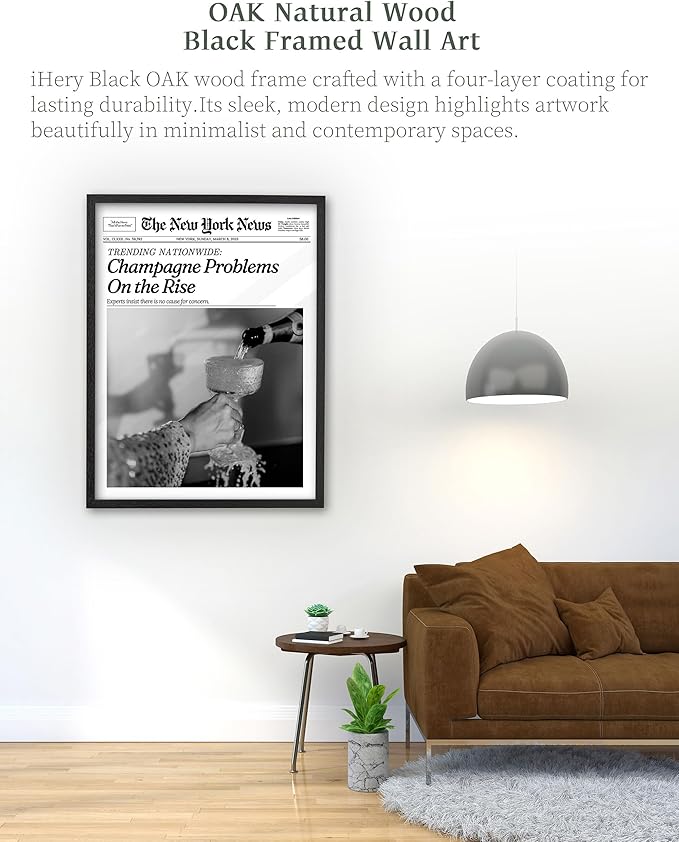 iHery Premium Natural Black OAK Wood 12x16in Champagne Problems On the Rise Newspaper Trendy Framed Wall Art, Vintage Funny Canvas Wall Decor For Girly Dorm Bedroom Living Room 1Pack