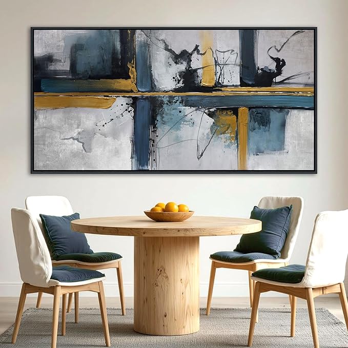 Abstract Canvas Wall Art Framed Modern Wall Art for Living Room Navy Blue Artwork for Walls, Above Bed Wall Decor With Navy and Gold for Bedroom and Living Room Office Pictures Wall Decor 29×58IN