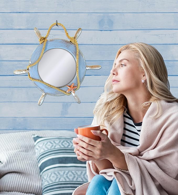 Puzzled COTA Global Pacific Mirror Boat Wheel Nautical Decor - Nautical Themed Wood Mirror, Beach Decor for Wall, Novelty Blue Boat Wheel Mirror with Rope and Starfish Wooden Figure