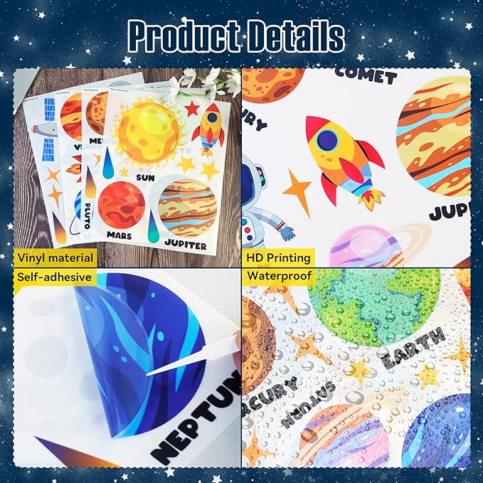 Outer Space Wall Decals - 4 Sheets 58 Pcs Large Space Planets Rocket Astronaut Wall Stickers Peel and Stick Removable Wall Decors for Kids Baby Bedroom Boys Room Nursery Playroom Classroom