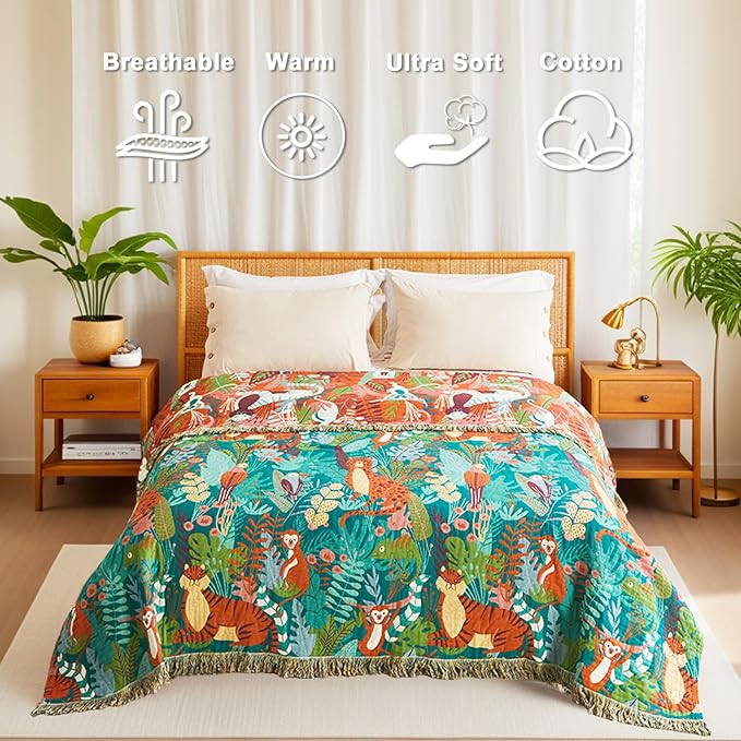 Throw Blanket for Couch Sofa Soft Cotton Spring Blankets for Bedroom Living Room All Season Reversible Forest Animals Whimsical Home Decor 50"x60" Breathable Throws