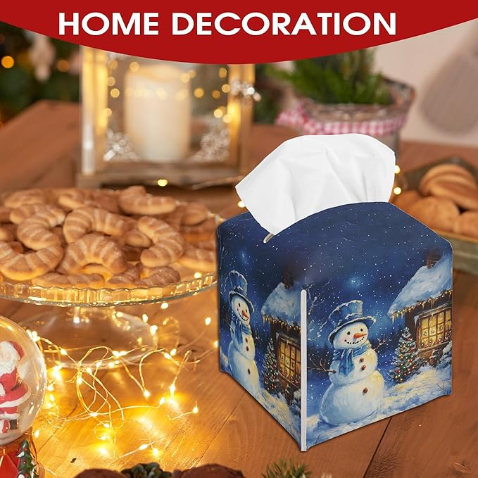 Blue Christmas Snowman Tissue Box Cover Holder, Snow Night Leather Tissue Box Cover Square, Xmas Gift Ideas for Family Friends, Bathroom Kitchen Car Office Home Table Decor(5.2 Inches)-B06