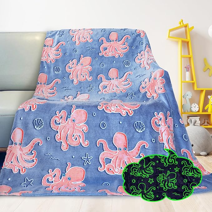 Octopus Toys Birthday Gifts for Boys Girls, Soft Blue Octopus Blanket for Kids Toddlers Travel, Glow in The Dark Ocean Sea Animal Fleece Throw Blanket for Bedroom Game Room Coastal Decor 50"x60"