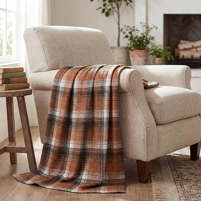 Horaldaily Caramel Brown Farmhouse Plaid Fall Decorative Blanket Throw, Autumn Rustic Soft Lightweight Blanket for Couch Sofa Bed Lounging Decoration, Ideal Gifts for Kids Adults Self, 60x80