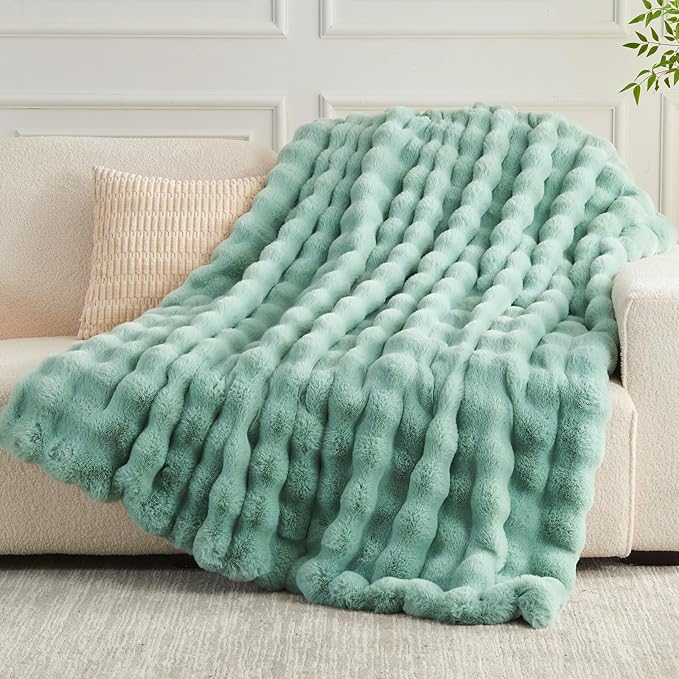 NEWCOSPLAY Faux Fur Throw Blanket Sage Green Luxury Fluffy Thick Warm Bubble Blanket for Couch Sofa Bed 1000GSM (New Sage Green Bubble Thick, Throw(50"x60"))