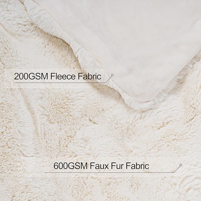 Touchat Ultra Soft Luxury Fluffy Ridgeline Faux Fur Throw Blanket, Thick Warm Fuzzy Blankets for Winter, Cozy Plush Reversible Blanket for Couch, Bed, Sofa，Beige Cream White, 90x90 Inches