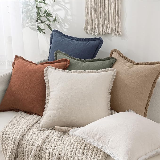 MIULEE Decorative Throw Pillow Covers Neutral Linen Fringe Throw Pillows Euro Shams Set of 2 Camel Boho Farmhouse Cushion Covers for Couch Sofa Bed Living Room Spring Home Decor 22x22 Inch