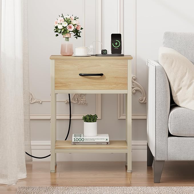 Vagusicc Nightstand Set of 2 with Charging Station, Bed Side Table with Fabric Drawer, Small End Table with 2-Tier Storage Shelves, 25.4" Tall Bedside Table, Night Stand for Bedroom Dorm, Natural
