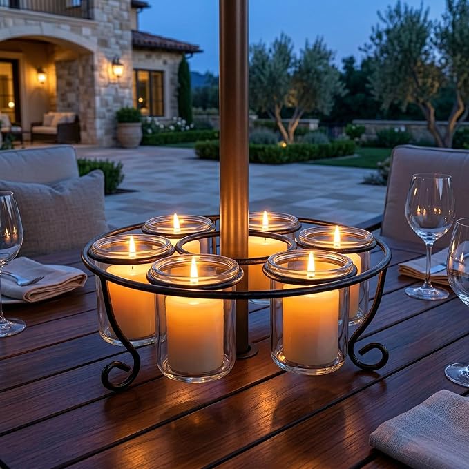 Metal 6-Cup 11.75" Round Floating Candle Holder Table Centerpiece with Large Glass Cups for Weddings, Outdoor Patio, Dining Room, and Coffee Tables, Black with Brushed Gold