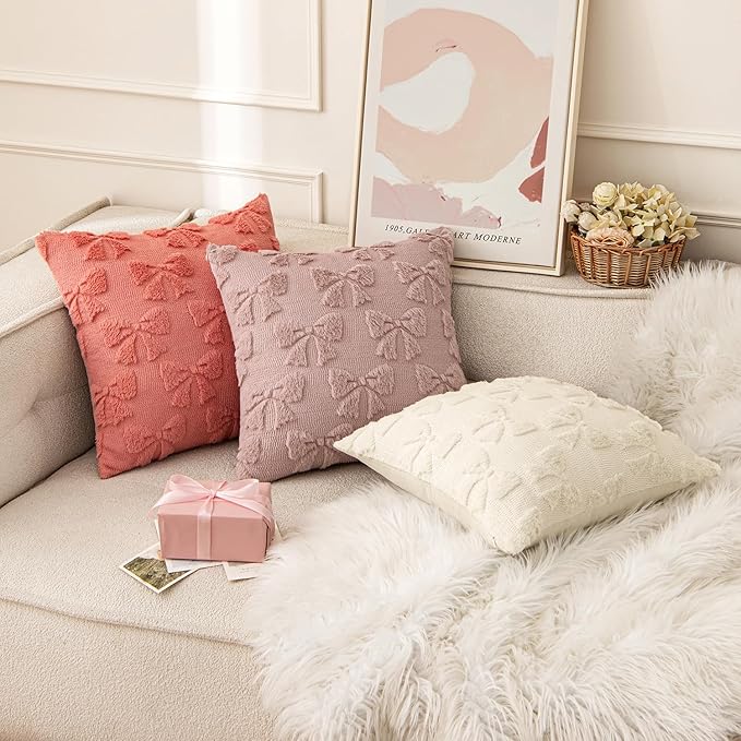 MIULEE Blush Pink Bow Pillow Covers Coquette Room Decor Aesthetic Set of 2 Spring Decorative Cute Girl Soft Plush Faux Pillowcase for Preppy Room Decor Bedroom Couch,20x20 Inch