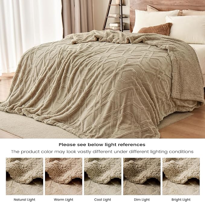 PHF Fluffy Sherpa Fleece Blanket King Size for Winter, Warm and Cozy, 510GSM 3D Tufted Shaggy Fleece Blanket for Sofa Bed, Khaki, 108"x90"