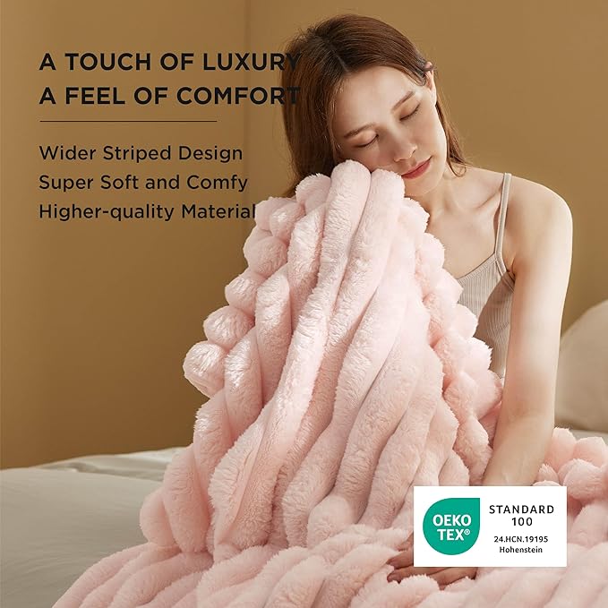 Bedsure Twin Blanket for Bed - 350GSM Super GentleSoft Fuzzy Fluffy Cozy Blankets for Women, Cute Small Plush Fleece Throws for Girls, Pink，60x80 Inches, Wider Striped Design
