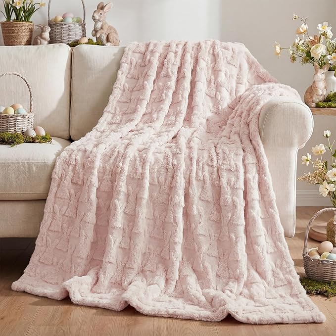 Horaldaily Easter Solid Blanket Throw, Pink Rabbits Soft Fuzzy Plush Faux Fur Cozy Blankets for Couch Sofa Bed Lounging, Ideal Gifts for Kids Adults Wife Self, 60x80