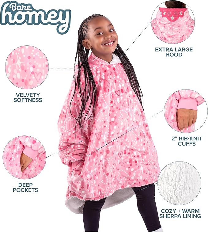 Bare Home Wearable Blanket Hoodie - Soft Plush Sherpa - Warm and Cozy - Oversized Wearable Blanket - Adult & Kid Sizes